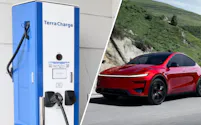 テラチャージの急速充電器㊧とテスラの「モデルY」