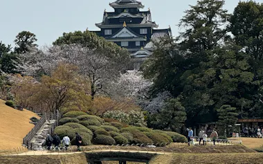 観光客でにぎわう岡山後楽園と岡山城(岡山市、2025年4月)