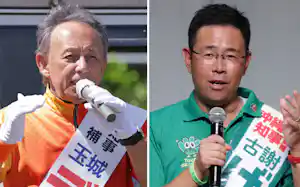 沖縄県知事選に立候補している玉城氏(左)と古謝氏 沖縄県知事選に立候補している玉城氏(左)と古謝氏
