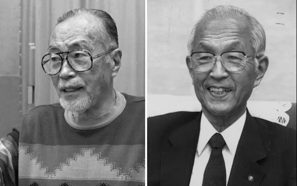 俳優・森繁久彌氏(写真左、共同)と、日本ガイシの竹見淳一氏