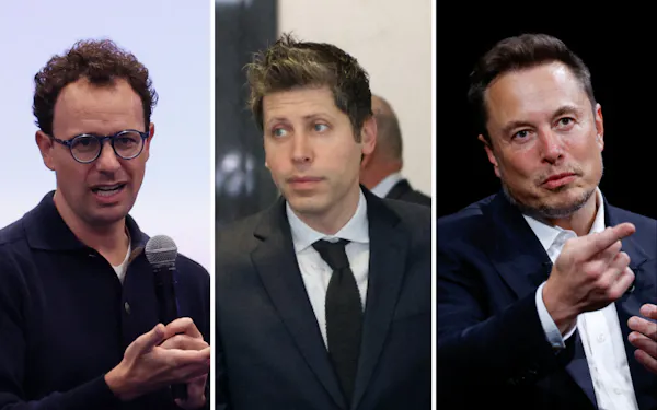 左からアモデイ、アルトマン、マスク各氏。AI業界のけん引役が開発ペースの減速を呼びかけ始めている=ロイター