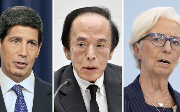 (左から)FRBのウォーシュ議長、日銀の植田総裁、ECBのラガルド総裁=共同