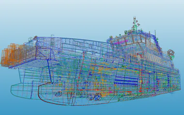 日本郵船の洋上風力発電作業員輸送船の3Dモデル(同社提供)