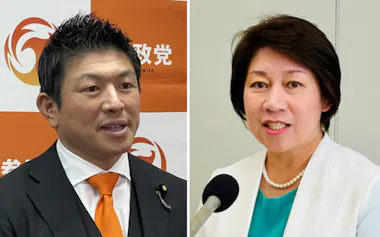 佐賀県知事選への出馬を表明している吉田ゆかり氏(右)と参政党の神谷宗幣代表
