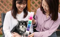 愛犬のパーソナルカラー診断を受ける大井唯さん㊧（川崎市の「ダップルバックカフェ」）