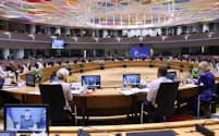 ウクライナのゼレンスキー大統領はオンライン形式でEU首脳会議に参加した（26日、ブリュッセル）＝欧州理事会提供