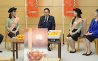 「奈良の柿PRレディ」らと面会し、俳句を披露する岸田首相（1日午後、首相官邸）