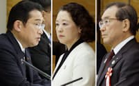 政労使会議に出席した（写真左から）岸田首相、連合の芳野会長、経団連の十倉会長（15日、首相官邸）