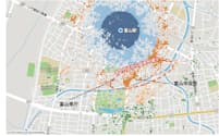 富山市とウネリーは市街地の人流データを取得した（富山駅周辺来訪者の移動状況）