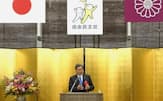 金沢市で講演する自民党の萩生田政調会長（19日）=共同