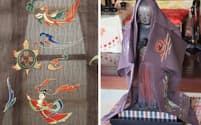 復元した天寿国繍帳の図柄の一部（写真左）と、図柄を再現した衣をまとう中宮寺の聖徳太子二歳像（同右）＝６月、奈良県斑鳩町
