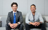 対談に臨む埼玉の金沢篤バックスコーチ（左）と東京ベイの田辺淳アシスタントコーチ