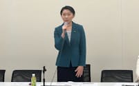 議連会長としてあいさつする自民党の小渕優子選対委員長（27日、国会内）