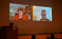 オンラインで講演する米ペンシルベニア大学のカタリン・カリコ非常勤教授（左）と京都大学の山中伸弥教授（右）（29日、京都市）