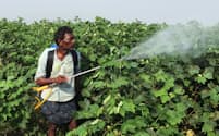 インドの綿花畑で農薬をまく作業員＝ロイター