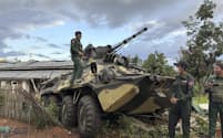 少数民族武装勢力が制圧した国軍拠点の戦車とされる画像（11月下旬、シャン州）＝The Kokang online media・ＡＰ