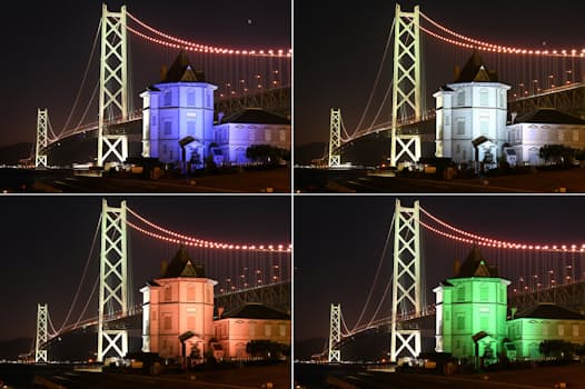 明石海峡大橋のたもとに移築された移情閣。3月からカラーのライトアップが始まり、2分周期で色が変化する