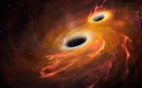 科学者たちは2023年、気が遠くなるほど波長の長い重力波の検出に初めて成功した。この重力波は、イラストのようにお互いのまわりを回るブラックホールどうしが衝突・合体した後に生じた可能性が高い。（ILLUSTRATION BY MARK GARLICK, SCIENCE PHOTO LIBRARY）