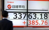 バブル経済崩壊後の高値を超えて取引を終えた日経平均株価（9日、東京都中央区）