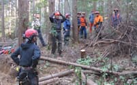 技術向上を目指す伐倒研修には高知県内から約10人が参加した（佐川町）