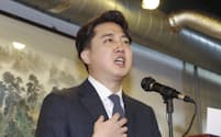 昨年末に新党表明で記者会見する韓国の与党「国民の力」元代表の李俊錫氏（12月27日、ソウル）＝聯合・共同