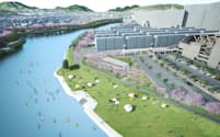 NTT都市開発などは新スタジアムに隣接する川辺でSUPを楽しめるようにする（イメージ、ACTIVE COMMUNITY PARK提供）
