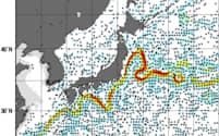 １月30日の海流の状況。赤い部分の速い流れが黒潮で、蛇行しながら極端に北上しているとわかる＝気象庁提供