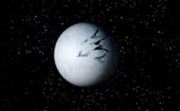 6億5000万年前、雪と氷が惑星表面と海の大半を覆っていた時代の地球の復元図。新たな研究は、この「スノーボール」状態は小惑星によって引き起こされたのではないかと提案している。（ILLUSTRATION BY SPENCER SUTTON, SCIENCE PHOTO LIBRARY）