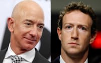 米アマゾン・ドット・コム創業者のベゾス氏（左）と米メタ・プラットフォームズのザッカーバーグＣＥＯは自社株の売却を増やしている＝ＡＰ、ロイター