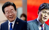 韓国最大野党「共に民主党」の李在明代表（左）と与党「国民の力」を率いる韓東勲非常対策委員長（右）