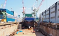 新来島どっくの大西工場では3つのドックで並行して船舶を建造している（同工場、愛媛県今治市）