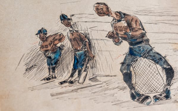 三崎の自筆イラスト。通っていた米国の高校の野球チームを描いた（1890年ごろ）=三崎家蔵