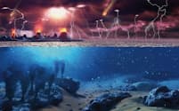 生命の最初の兆候は、約35億年前までに出現した。科学者たちは、初期の生命は落雷によって形成されたか、深海の噴出孔で誕生したのではないかと考えている。（ILLUSTRATION BY GREGOIRE CIRADE, SCIENCE PHOTO LIBRARY）