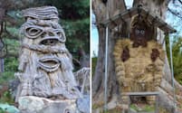 長野市大岡地区の道祖神（左）と秋田県美郷町の鍾馗人形は藁の造形が印象的だ