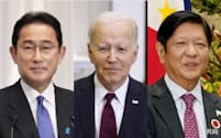 11日にワシントンで会談する岸田首相、バイデン米大統領（中）、フィリピンのマルコス大統領＝共同