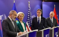 欧州連合（ＥＵ）と米国によるアルメニア支援会合に出席したパシニャン首相（５日、ブリュッセル）＝ロイター