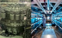核融合の研究を進める日本の実験装置㊧と米国のローレンス・リバモア国立研究所の装置㊨＝米国の写真は同研究所提供