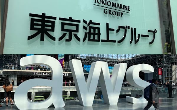 東京海上グループの看板とAWSのロゴ