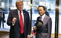 23日、ニューヨークのトランプタワーでトランプ前米大統領（左）と対面した自民党の麻生太郎副総裁＝AP