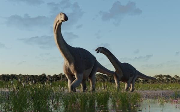 6700万年前、南米のパタゴニア中部に生息していたと思われる新種のティタノサウルス類の復元図。（ILLUSTRATION BY GABRIEL DÍAZ YANTÉN）