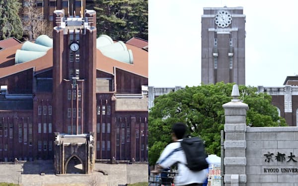 東京大学本郷キャンパスの安田講堂（左）と 京都大学吉田キャンパス