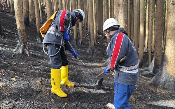 岩手県大船渡市の山林火災で消火活動する同市の消防団員ら(8日、総務省消防庁提供)=共同