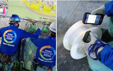 専任の作業員(グリーンマスター)による分別の様子(左)とハンディー型のセンサーでプラスチック廃棄物の材質を確認する様子(出所:清水建設)