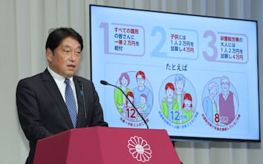 住民税非課税世帯に対する現金給付が続く(6月19日、自民党の公約を発表する小野寺政調会長)