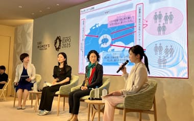 大阪・関西万博のイベントに登壇するひろぎんHDの木下さん(中央右)とちゅうぎんFGの坂口さん(右)(7月、大阪市)