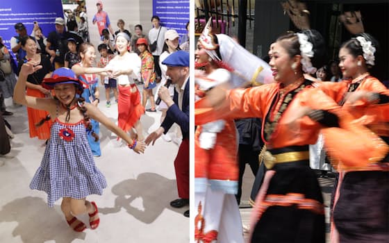 大阪万博のキューバの「ソン」教室(写真左)とマレーシア館のダンス 大阪万博のキューバの「ソン」教室(写真左)とマレーシア館のダンス