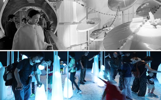 1970年大阪万博の三菱未来館(写真上)と2025年大阪・関西万博のパナソニックHDのパビリオン「ノモの国」 1970年大阪万博の三菱未来館(写真上)と2025年大阪・関西万博のパナソニックHDのパビリオン「ノモの国」