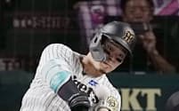 40号となる2ランを放つ阪神の佐藤輝明(2日、甲子園)=共同
