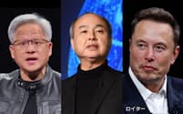 左からエヌビディアのジェンスン・ファン氏とソフトバンクグループの孫正義氏、テスラのイーロン・マスク氏