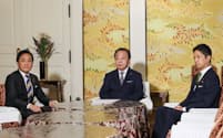 会談に臨む(左から)国民民主党の玉木代表、立憲民主党の野田代表、日本維新の会の藤田共同代表(15日、国会内)
